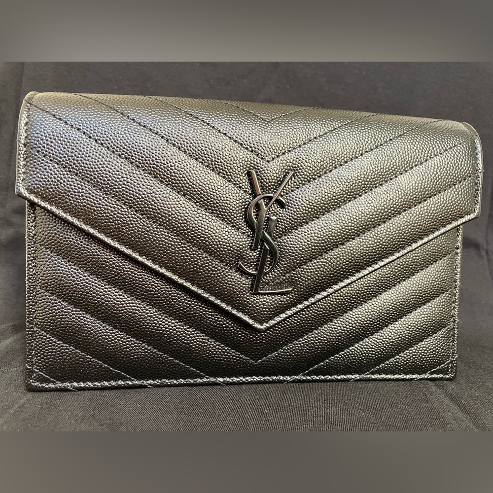 Saint Laurent Monogram Envelope Clutch Bag in black leather and black hardware.